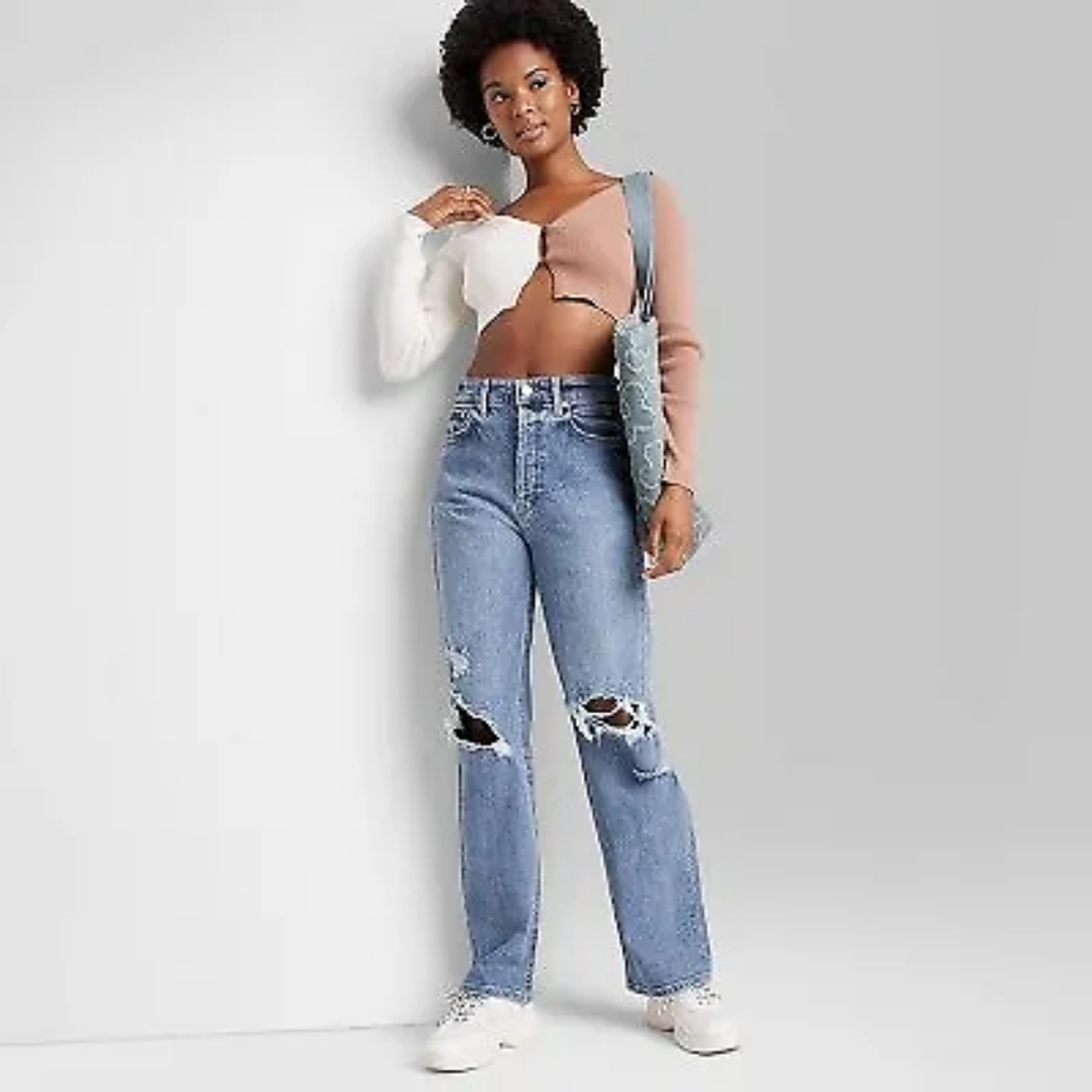 Women's Super-High Rise Distressed Straight Jeans - Wild Fable Medium Wash 4